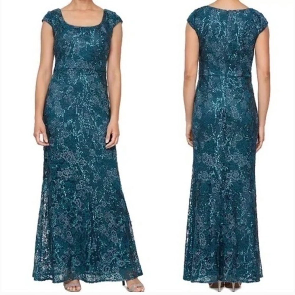 Alex Evenings Cap Sleeve Scoop Neck Embroidered Sequined Gown in Peacock